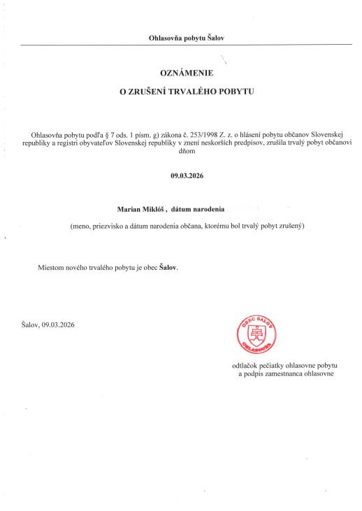 Oznámnie o&nbsp;zrušení trvaleho pobytu