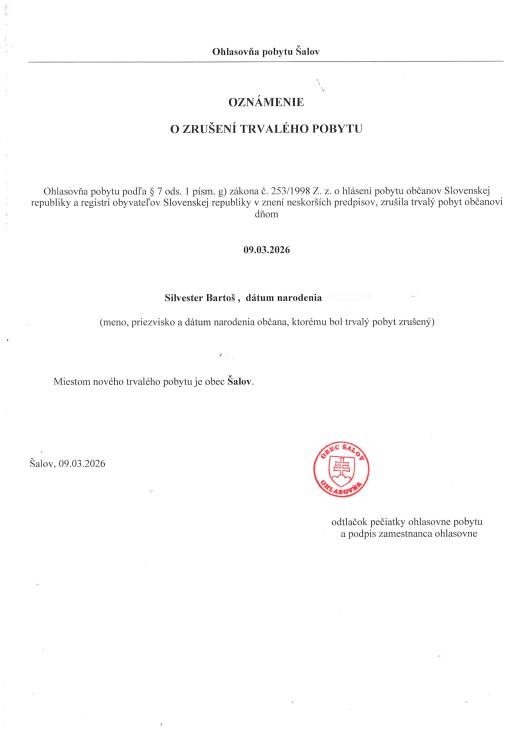 Oznámnie o&nbsp;zrušení trvaleho pobytu