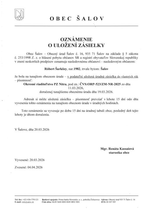 OZNÁMENIE O&nbsp;ULOŽENÍ ZÁSIELKY