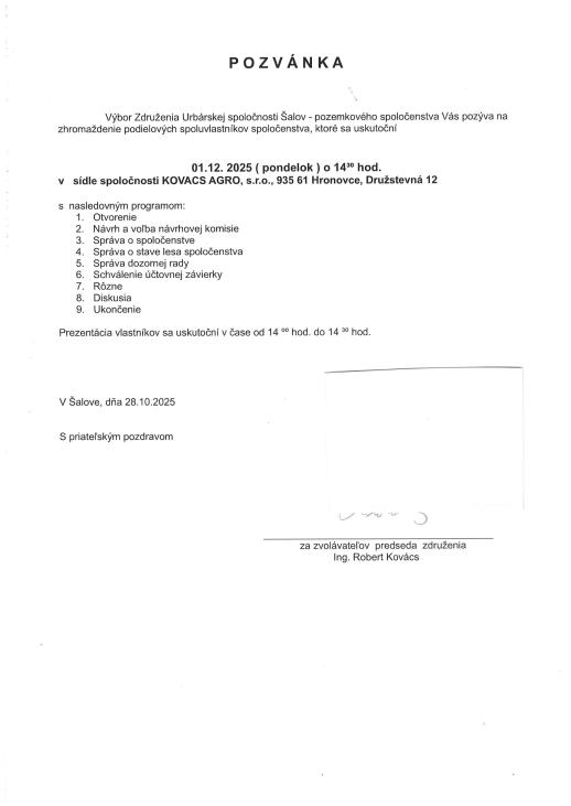 Pozvánka na&nbsp;zhromaždenie podielových spoluvlastníkov spoločenstva - Združenia Urbárskej spoločnsti Šalov