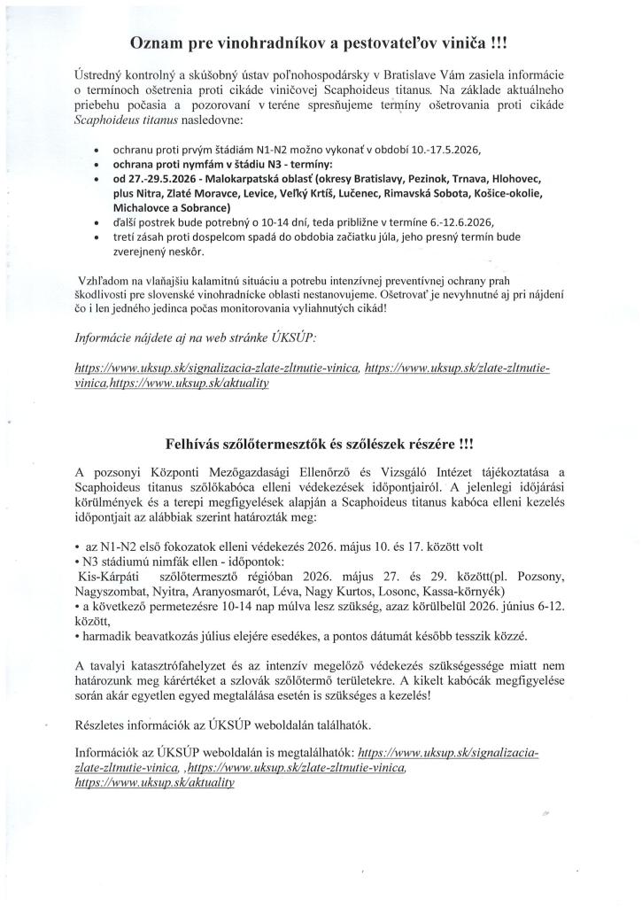 Oznam pre vinohradníkov a&nbsp;pestovateľov viniča- Felhívás a&nbsp;szolotermesztok és szolészek részére