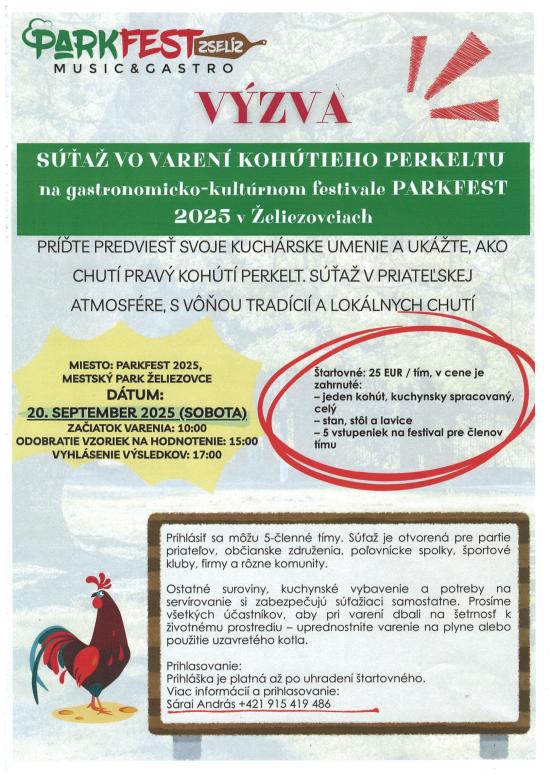 Súťaž vo varení kohútneho perkeltu na&nbsp;gastronomicko-kúlturnom festivale PARKFEST 2025&nbsp;v Želiezovciach/Kakaspörkölt-főzőverseny a&nbsp;zselízi PARKFEST 2025&nbsp;gasztrokulturális fesztiválon