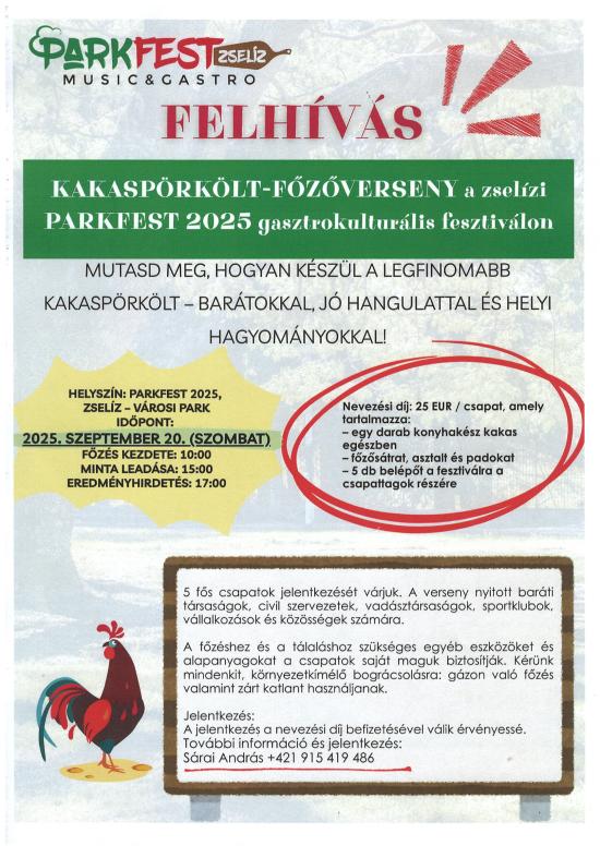 Súťaž vo varení kohútneho perkeltu na&nbsp;gastronomicko-kúlturnom festivale PARKFEST 2025&nbsp;v Želiezovciach/Kakaspörkölt-főzőverseny a&nbsp;zselízi PARKFEST 2025&nbsp;gasztrokulturális fesztiválon