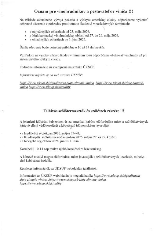 Oznam pre vinohradníkov a pestovateľov viniča- Felhívás szolotermesztrok es szolészek részére