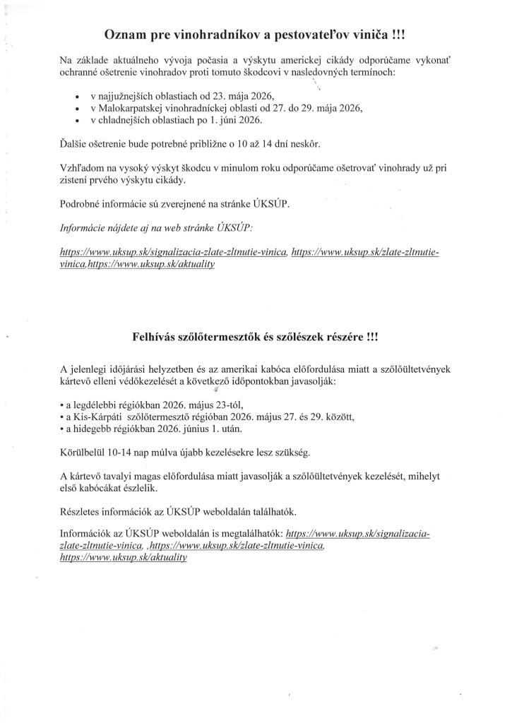 Oznam pre vinohradníkov a pestovateľov viniča- Felhívás szolotermesztrok es szolészek részére